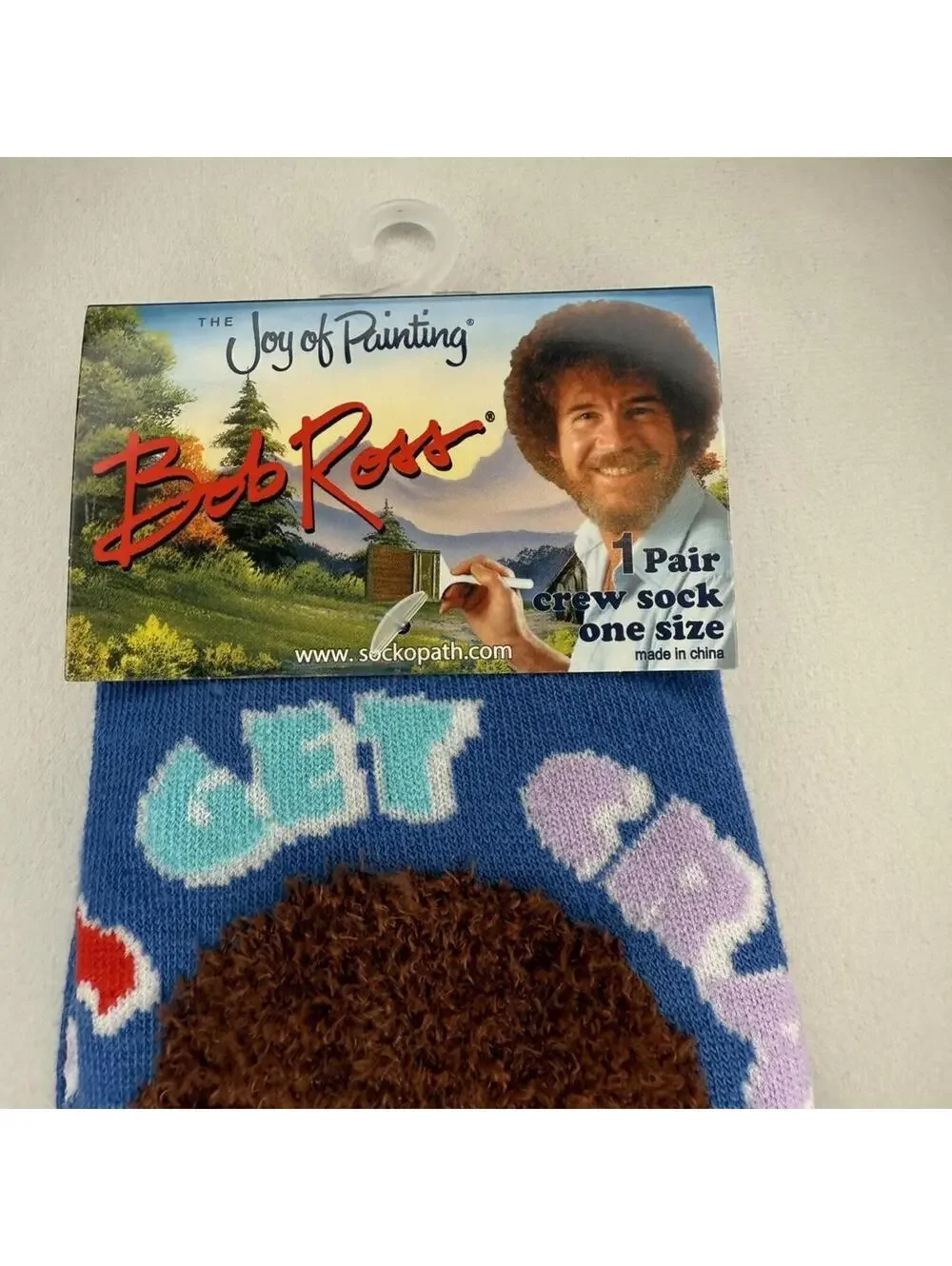 Bob Ross 3D Fuzzy Hair Crew Socks Get Crazy Blue Portrait Retro 80s NWT